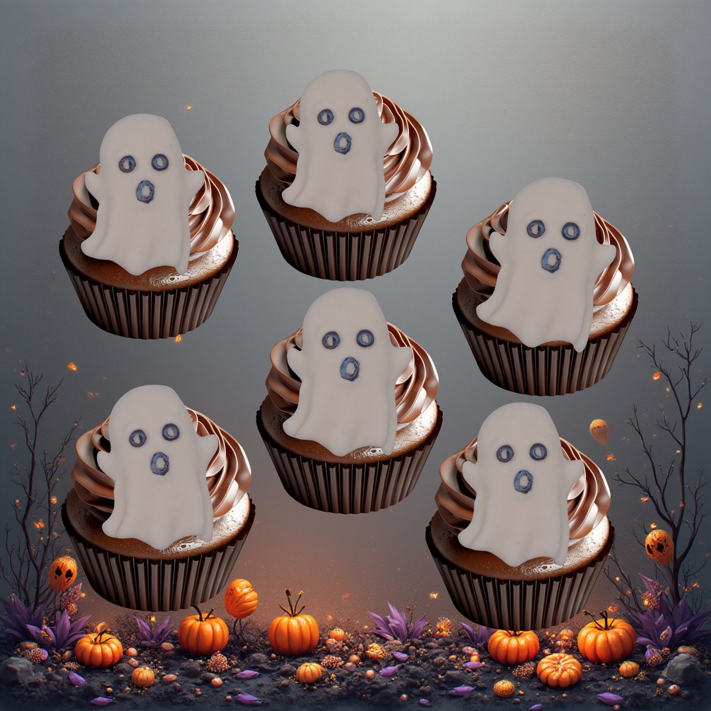 edible Cupcakes decorated with ghost faces on a Halloween-themed background with pumpkins and leaves.