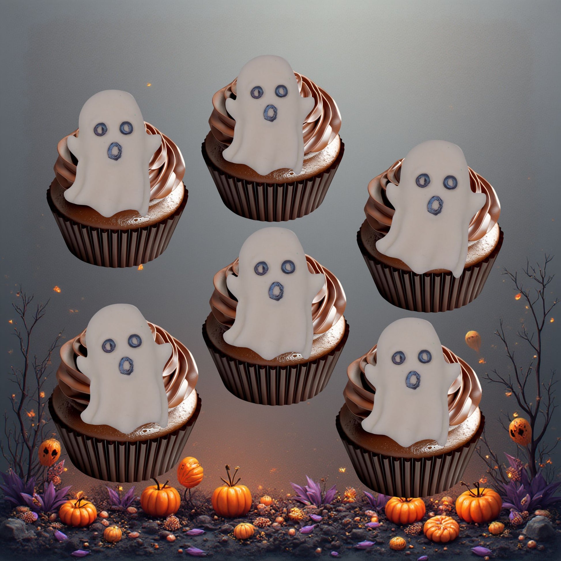 edible Cupcakes decorated with ghost faces on a Halloween-themed background with pumpkins and leaves.