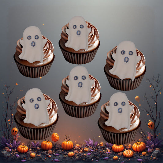 edible Cupcakes decorated with ghost faces on a Halloween-themed background with pumpkins and leaves.