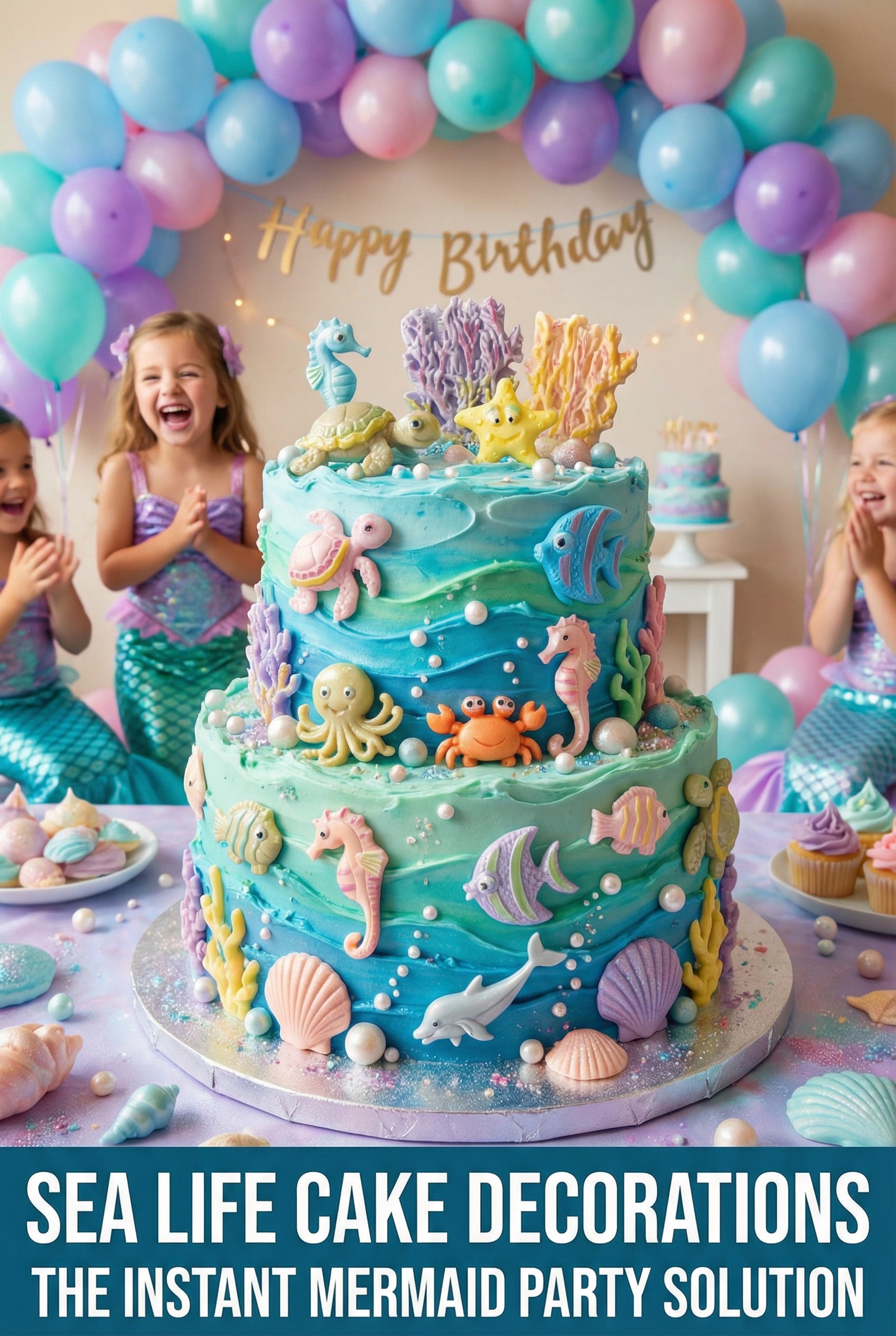 Mermaid-themed birthday cake with sea life decorations in a party setting.