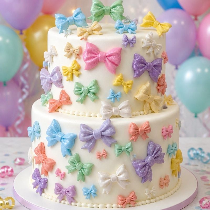 A two-tier white cake decorated with numerous pastel-colored sugar bow toppers in pink, purple, blue, green, yellow, orange, and white, set against a festive background of balloons.