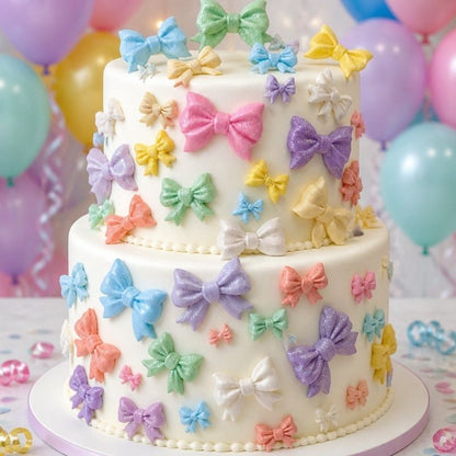 A two-tier white cake decorated with numerous pastel-colored sugar bow toppers in pink, purple, blue, green, yellow, orange, and white, set against a festive background of balloons.
