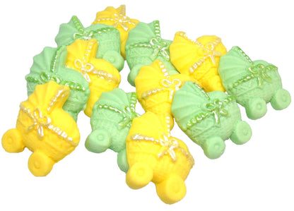 12 Green & Yellow Mixed coloured Edible Prams ideal for a Baby Shower . Vegan, Dairy & Gluten Free cupcake topper decorations