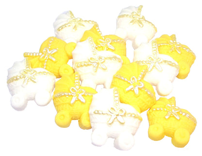 12 Yellow & White Mixed coloured Edible Prams ideal for a Baby Shower . Vegan, Dairy & Gluten Free cupcake topper decorations