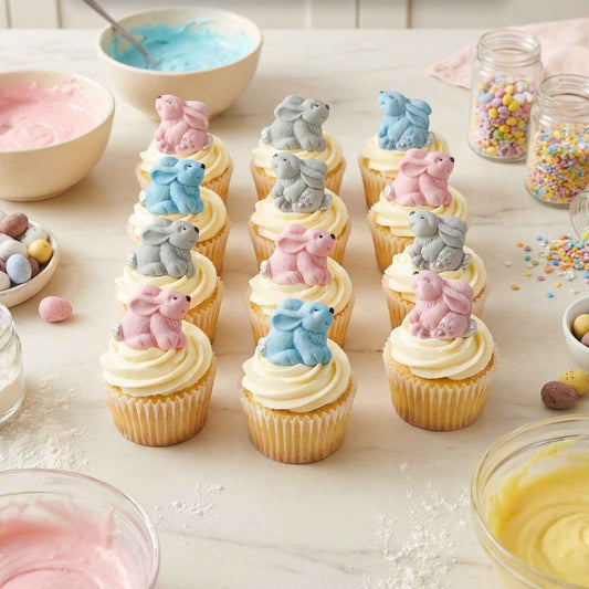 12 Easter Coloured Rabbits Baby Shower Edible Cupcake Toppers