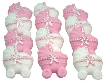 12 Pink & White Mixed coloured Edible Prams ideal for a Baby Shower . Vegan, Dairy & Gluten Free cupcake topper decorations