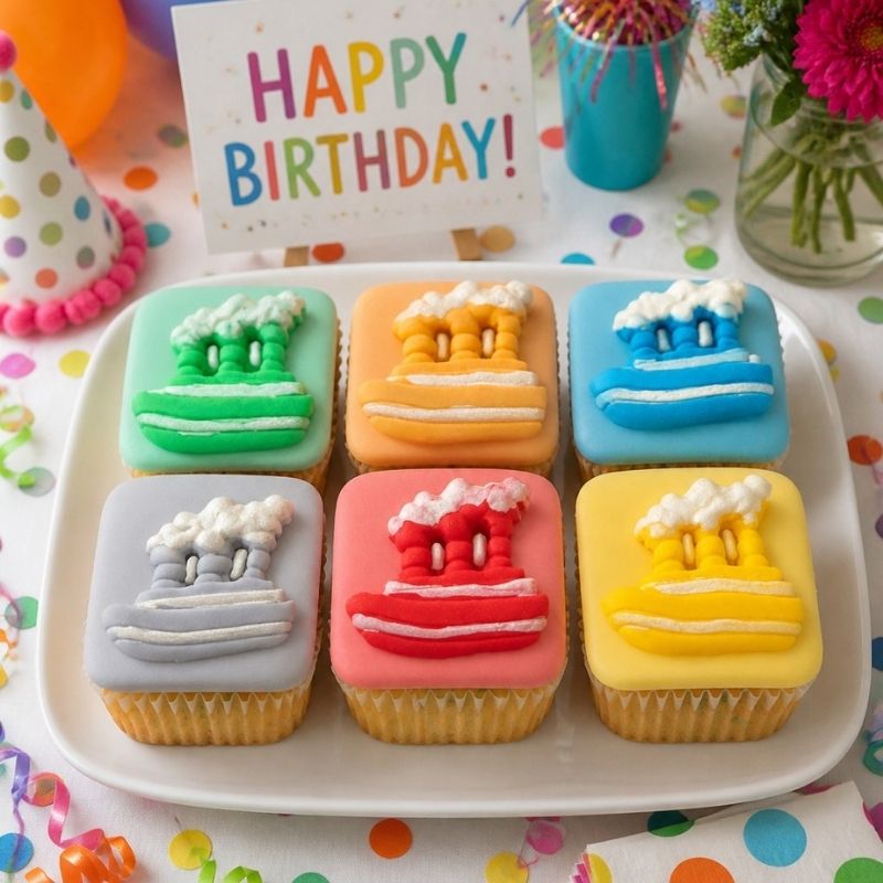 Colorful birthday cupcakes with ocean-themed decorations on a plate, accompanied by a 'Happy Birthday!' card.