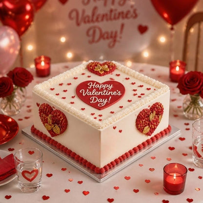 Valentine's Day cake with red and white decorations on a table with heart-shaped candles and balloons.