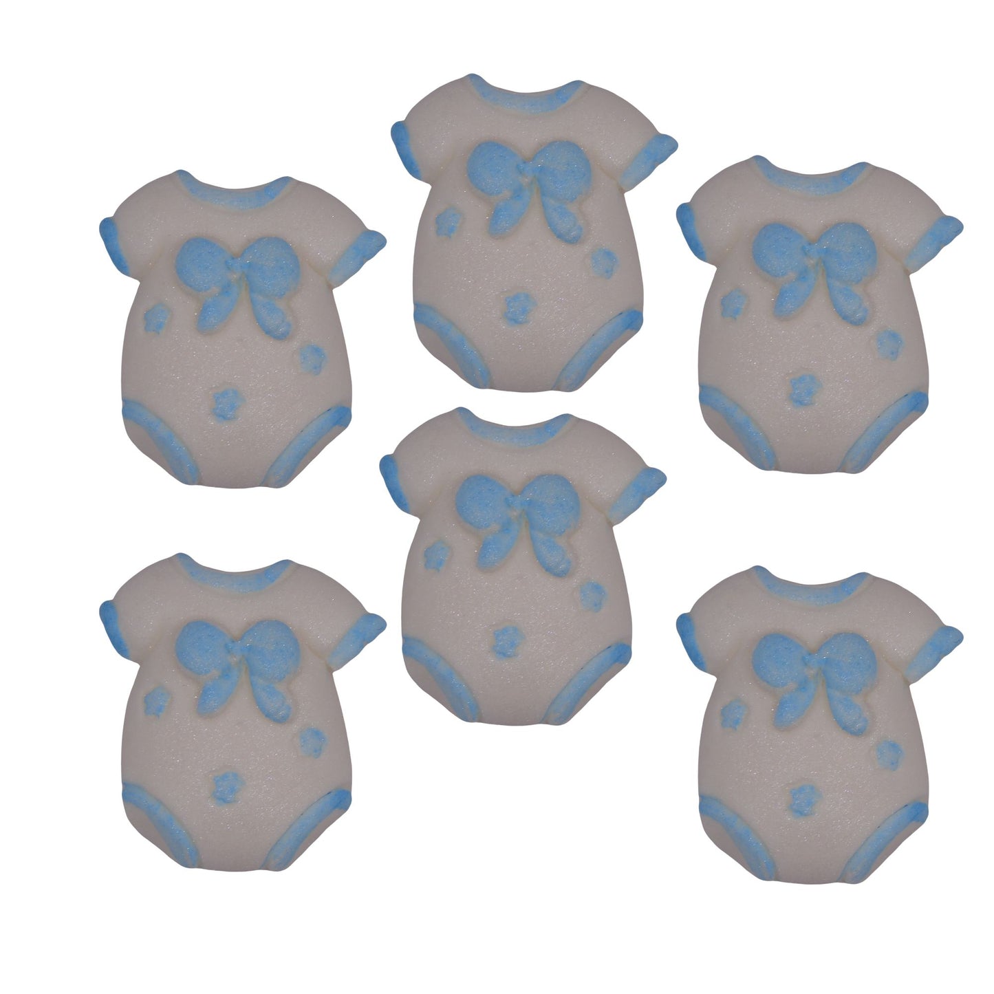 Six cupcake toppers in the shape of chunky baby vests with blue details, designed for baby shower decorations.