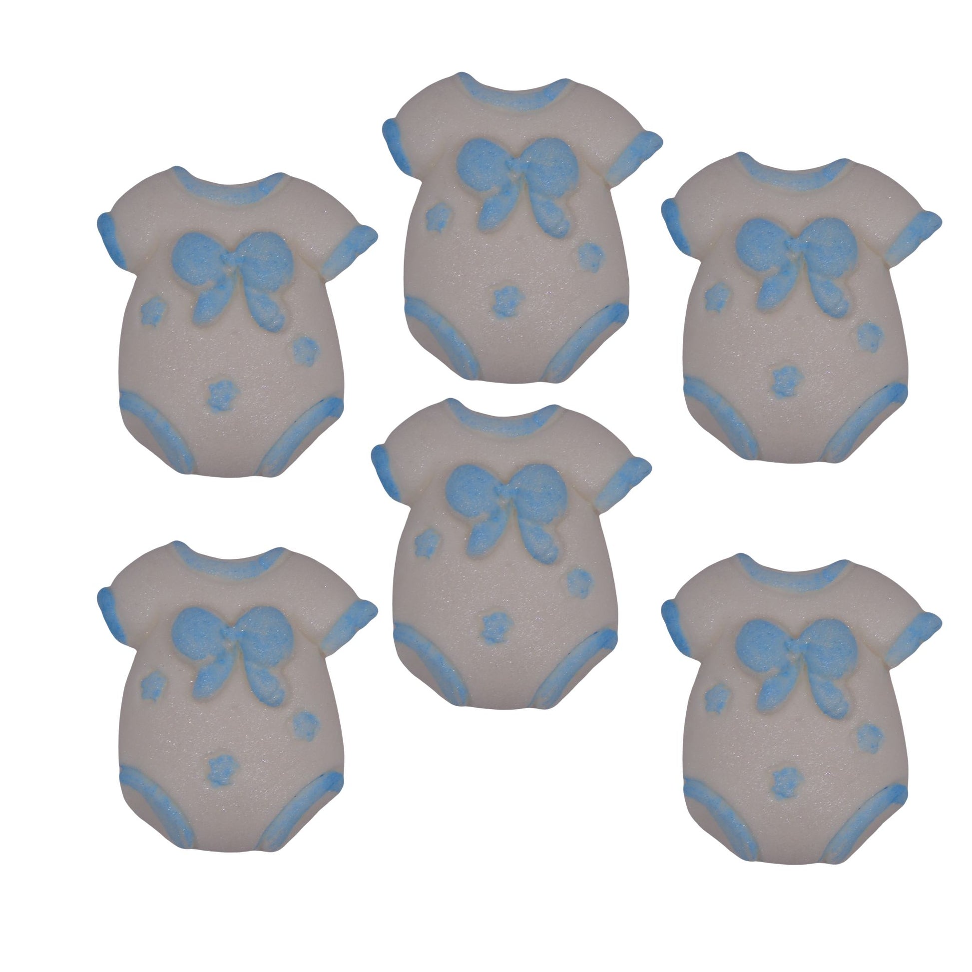 Six cupcake toppers in the shape of chunky baby vests with blue details, designed for baby shower decorations.