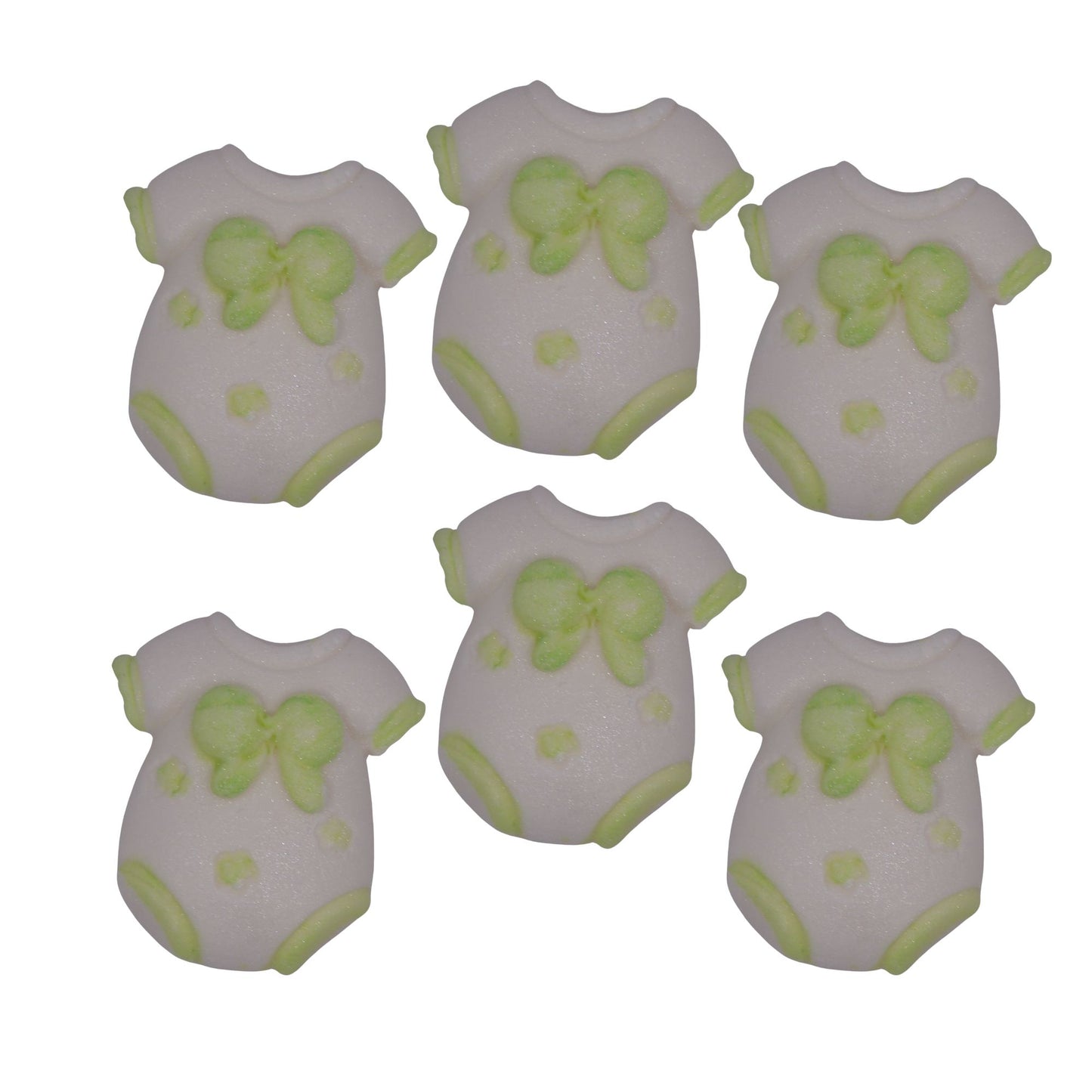 Six cupcake toppers in the shape of chunky baby vests with green details, designed for baby shower decorations.