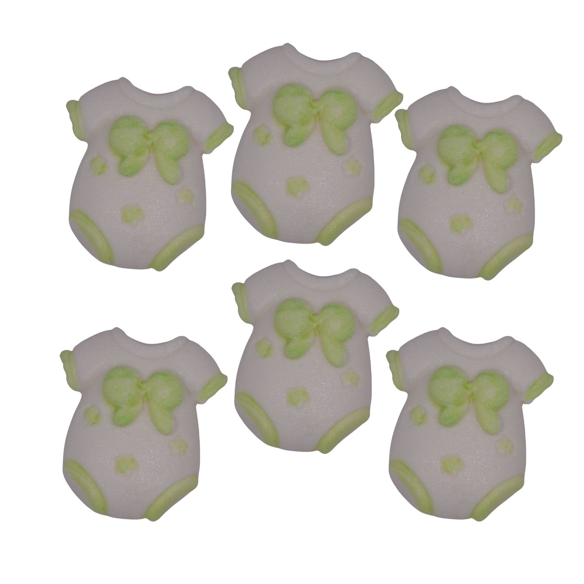 Six cupcake toppers in the shape of chunky baby vests with green details, designed for baby shower decorations.