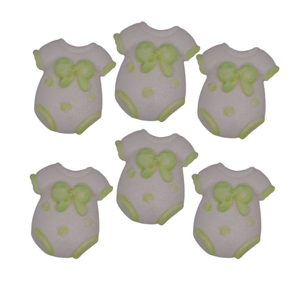 Six cupcake toppers in the shape of chunky baby vests with green details, designed for baby shower decorations.