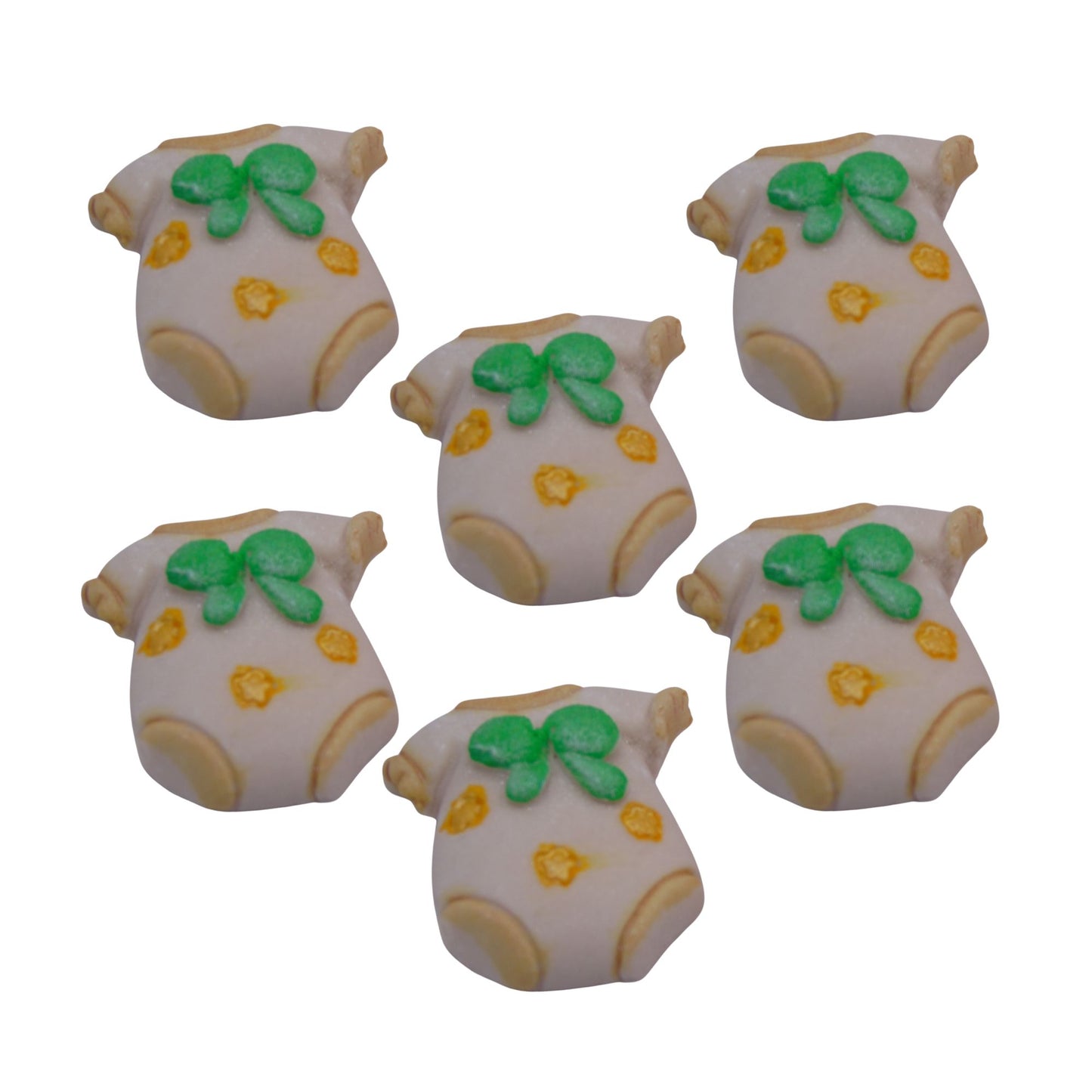 Six cupcake toppers in the shape of chunky baby vests with blue details, designed for baby shower cupcake decorations.

Details