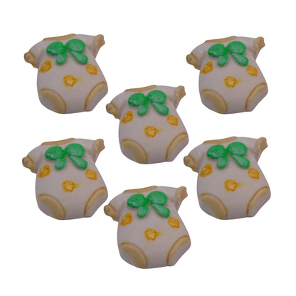 Six cupcake toppers in the shape of chunky baby vests with blue details, designed for baby shower cupcake decorations.

Details
