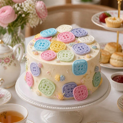 Decorative cake with colorful buttons on a table with tea set and flowers