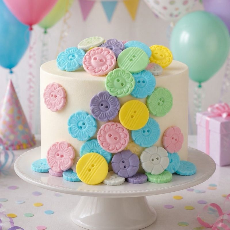 An assortment of coloured buttons on top and at the side of a white cake