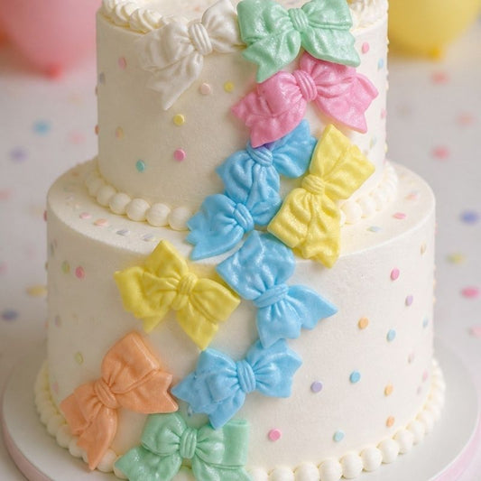 Two-tiered cake with colorful bow decorations on a polka dot background