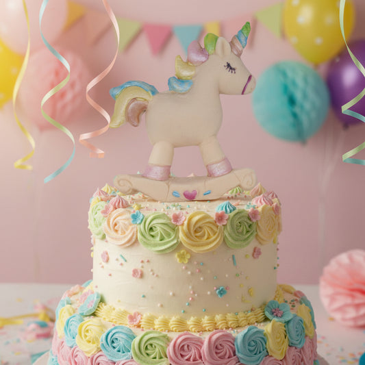 Cream Unicorn-shaped cake decoration on a wooden floor with colorful background