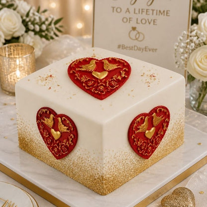 Some red hearts with doves shown on a dispay cake for an engagements