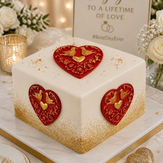 Some red hearts with doves shown on a dispay cake for an engagements
