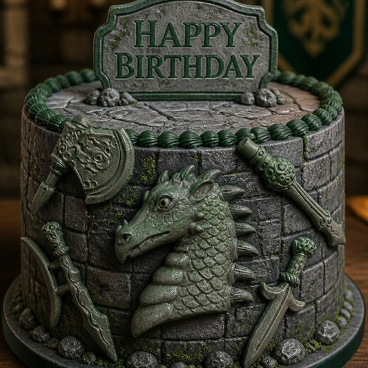Cake decorated with a dragon and fighting knives and axes on a wall themed background