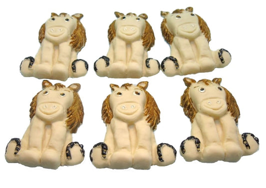 A set of six edible horse cupcake toppers made from sugar paste, displayed on a white background.