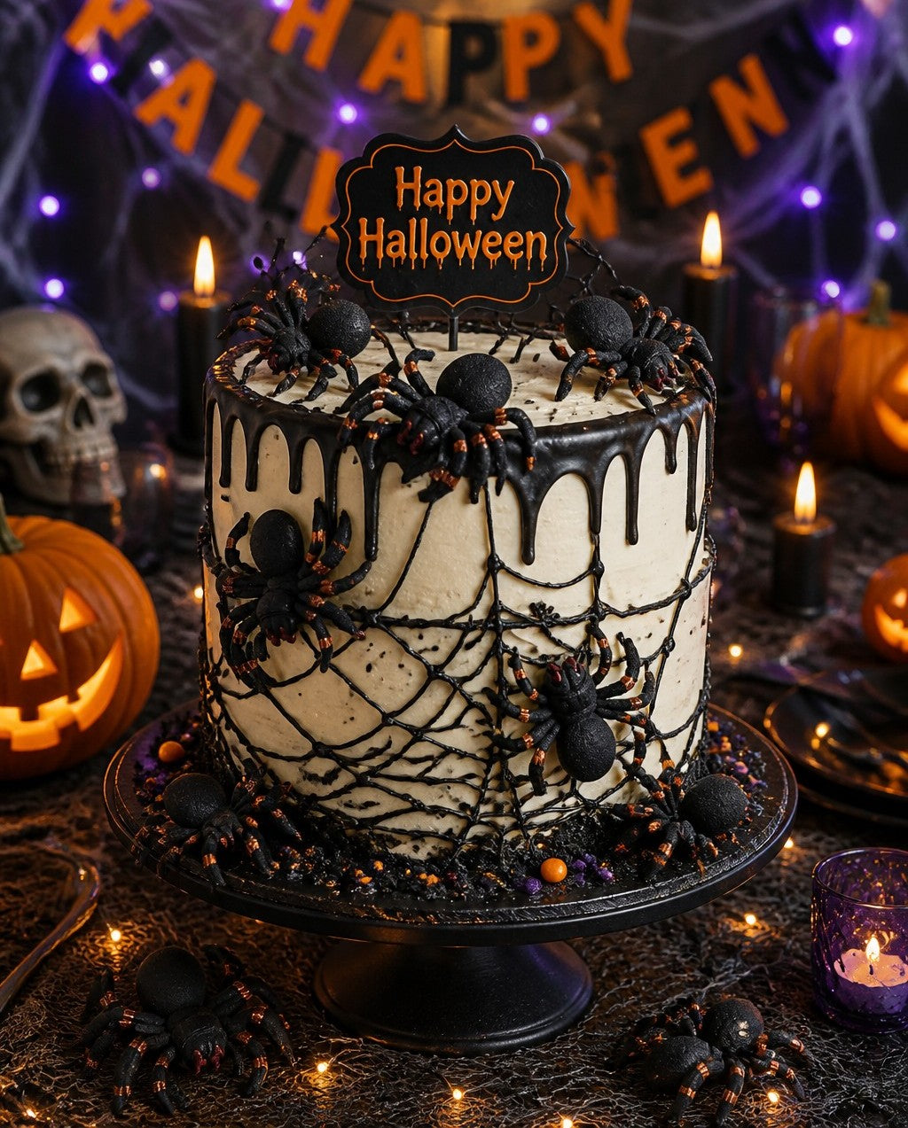 Halloween cake with spiders, webs, and 'Happy Halloween' sign, surrounded by pumpkins and candles.