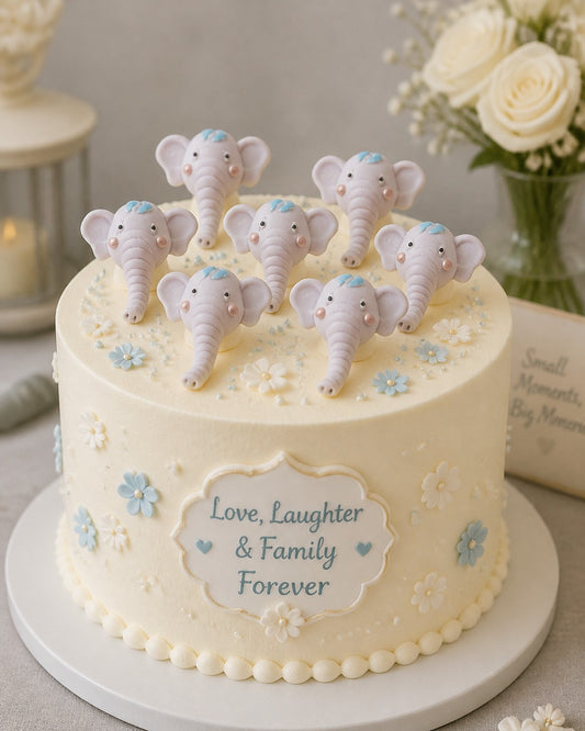 Decorative cake with elephant toppers and a message on a neutral background