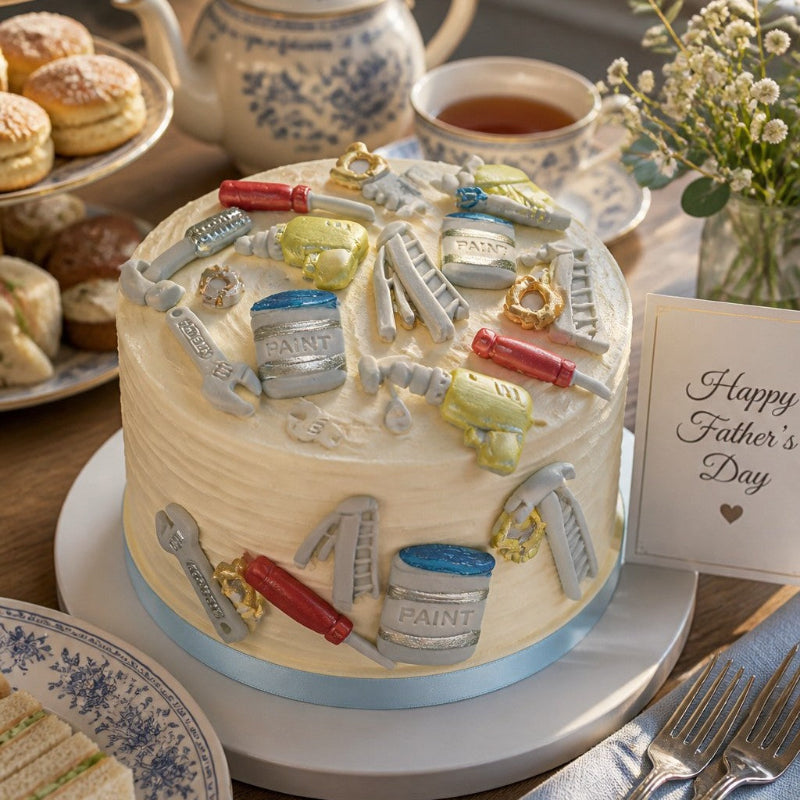 Decorative cake with tools and paint cans on a table with tea and sandwiches, featuring a 'Happy Father's Day' card.