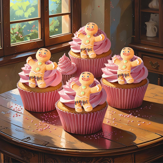 Cupcakes with pink frosting and edible vegan gingerbread men on a wooden table 
