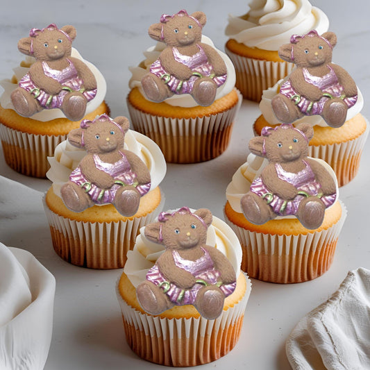 6 Baby Girl Teddies Birthday Teddy Gymnast Cupcake Toppers - Simply Toppers
