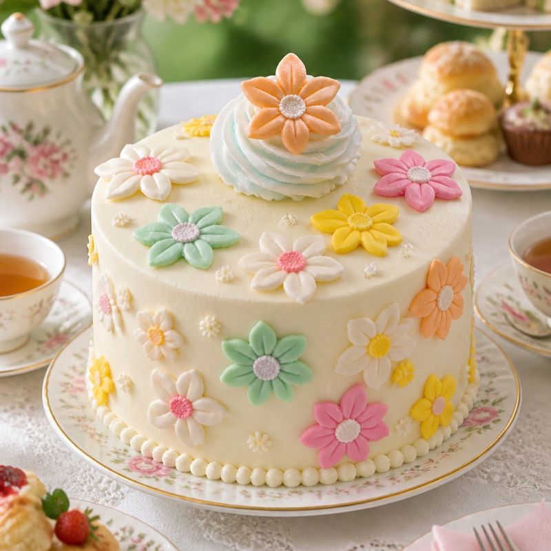 Decorative cake with colorful flowers on a table with tea set and pastries