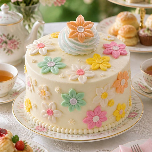 Decorative cake with colorful flowers on a table with tea set and pastries
