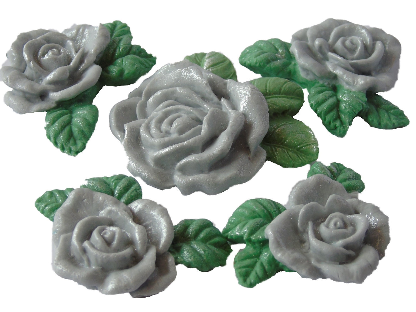 A set of edible glittered Silver rose garland cake toppers with a large centre rose, 