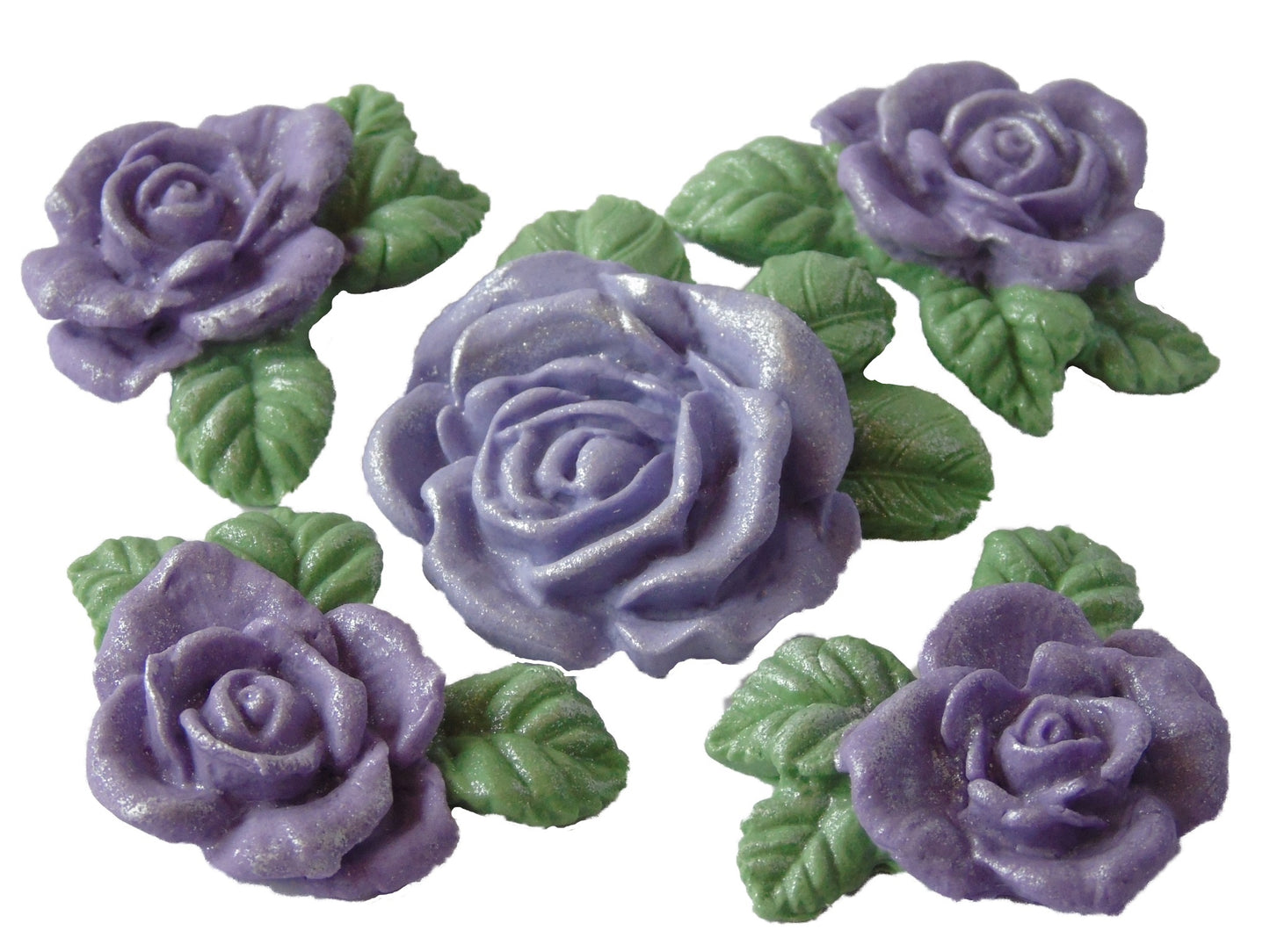 A set of edible glittered purple rose garland cake toppers with a large centre rose, 