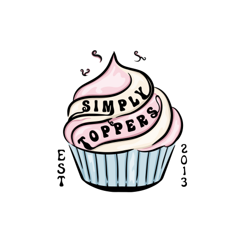 Cupcake with pink and white frosting and 'Simply Toppers' banner on a white background
