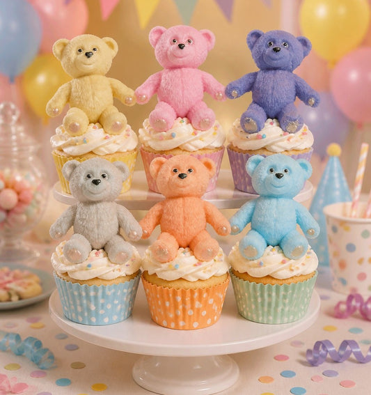 12 Vegan Cute Coloured Teddies Cupcake Toppers Edible Teddy Decorations