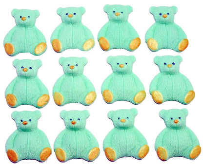 A set of green edible teddy bear cupcake toppers arranged in rows on a white background