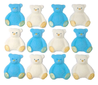A set of blue & White edible teddy bear cupcake toppers arranged in rows on a white background