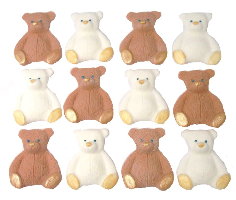 A set of brown and white edible teddy bear cupcake toppers arranged in rows on a white background