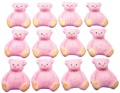 A set of Pink edible teddy bear cupcake toppers arranged in rows on a white background
