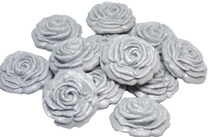 12  Silver Medium Glittered edible Coloured Roses