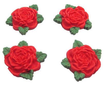 4 Red Roses with leaves edible cake or cupcake topper decorations