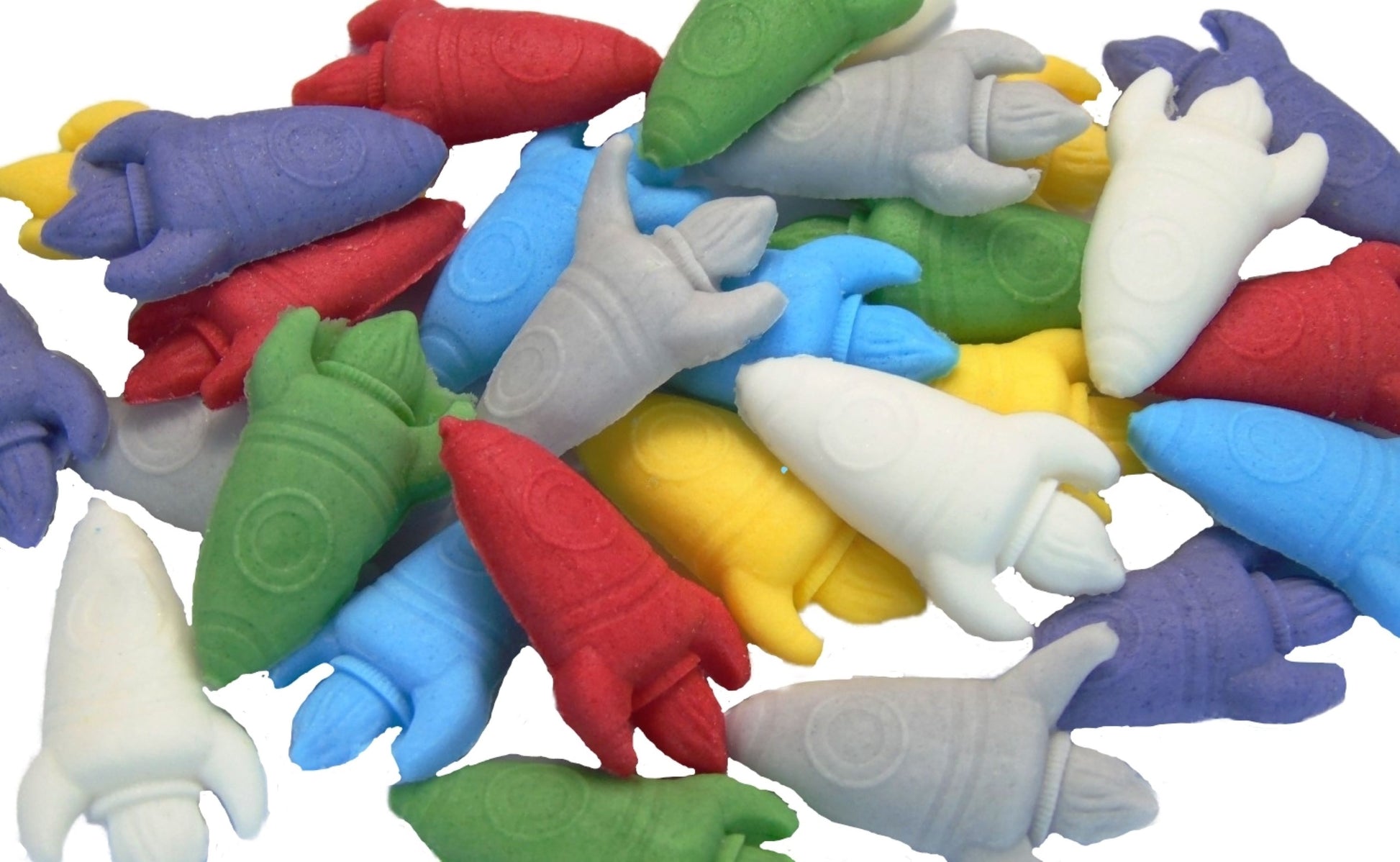 24 Novelty space rocket Coloured Confetti Vegan Cupcake Toppers Cake Decorations