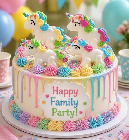 Colorful unicorn-themed birthday cake with 'Happy Family Party!' message