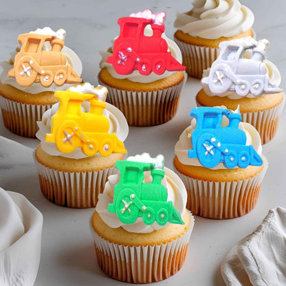 12 Novelty Trains Sugar Paste Vegan Edible Cupcake Toppers