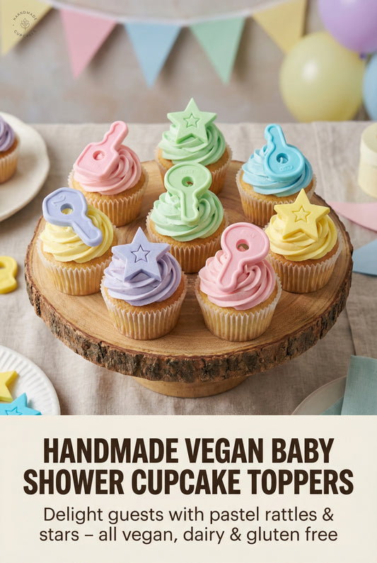 Colorful vegan baby shower cupcakes on a wooden stand with text about handmade cupcake toppers.