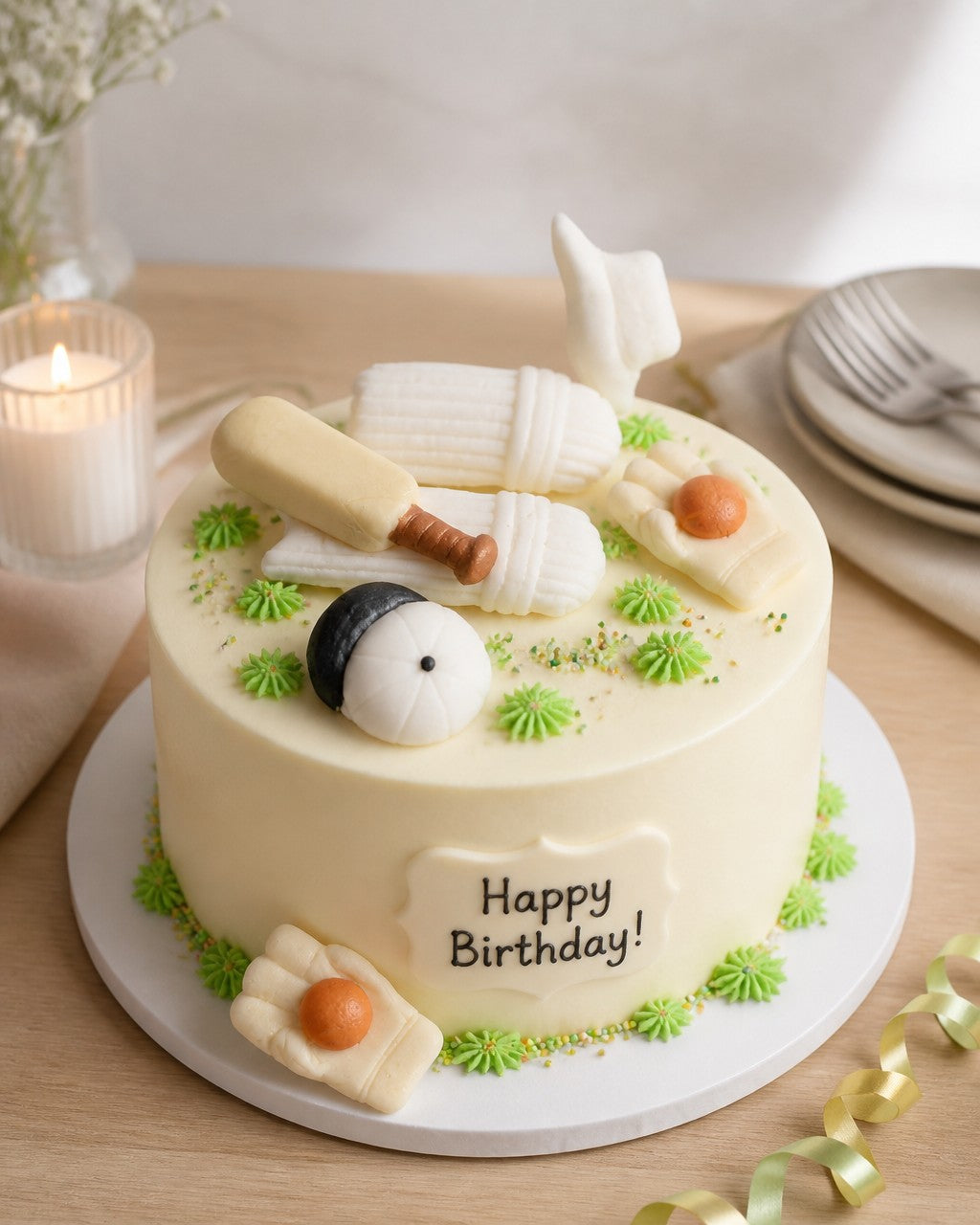 Small individual Birthday cake with cricket-themed decorations on a table with candles and plates.