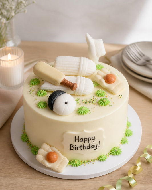 Small individual Birthday cake with cricket-themed decorations on a table with candles and plates.
